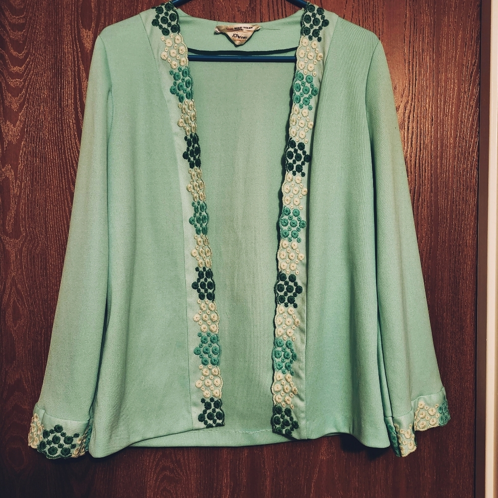Vintage Mint Green Cardigan Kimono with Embroidered Detail